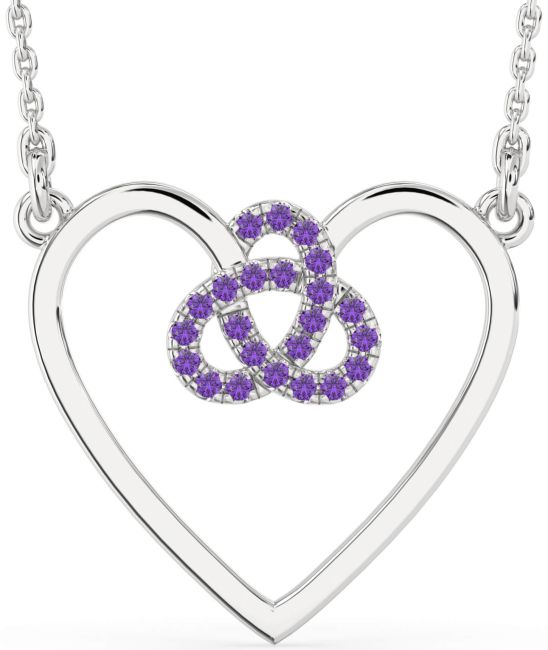 Large Amethyst Platinum Heart Trinity Knot Necklace