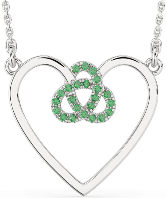 Large Emerald Silver Heart Trinity Knot Necklace