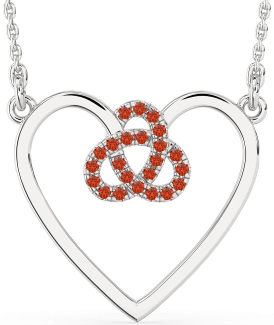 Large Fire Opal Platinum Heart Trinity Knot Necklace