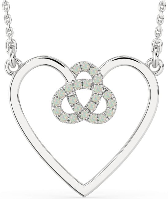 Large Opal Platinum Heart Trinity Knot Necklace