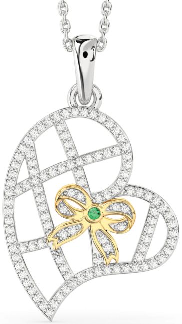 Diamond Emerald Gold Silver Heart Bow Necklace