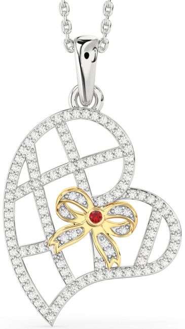 Diamond Ruby Gold Silver Heart Bow Necklace