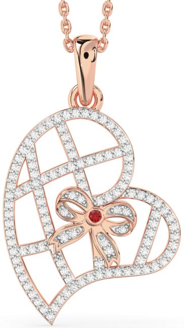 Diamond Ruby Rose Gold Heart Bow Necklace