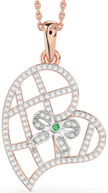 Diamond Emerald Rose Gold Silver Heart Bow Necklace