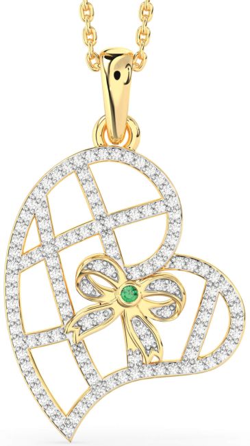 Diamond Emerald Gold Heart Bow Necklace