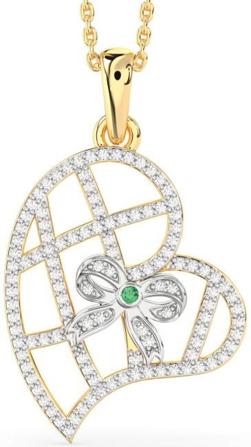 Diamond Emerald Gold Silver Heart Bow Necklace