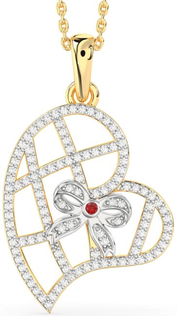 Diamond Ruby Gold Silver Heart Bow Necklace