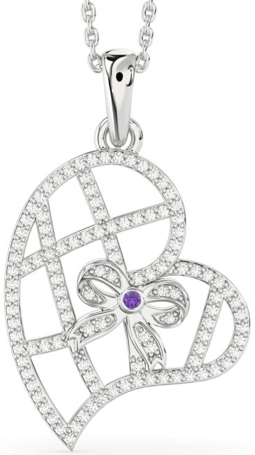 Diamond Amethyst Silver Heart Bow Necklace