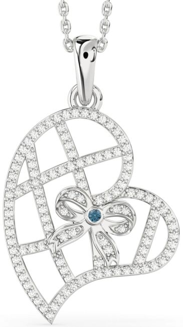 Blue Diamond Silver Heart Bow Necklace