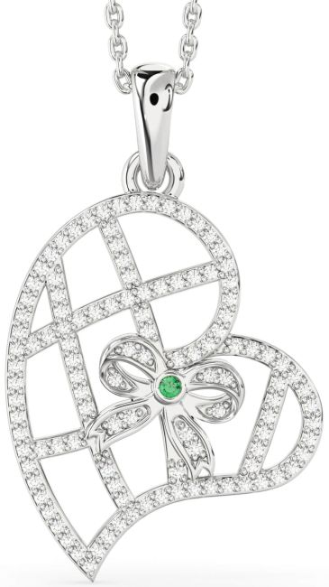 Diamond Emerald Silver Heart Bow Necklace