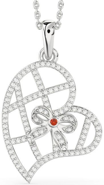 Diamond Fire Opal Silver Heart Bow Necklace