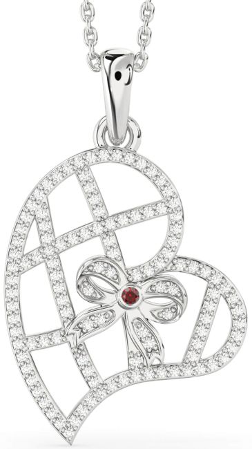 Diamond Garnet Silver Heart Bow Necklace
