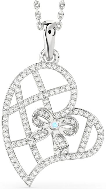 Diamond Moonstone Silver Heart Bow Necklace