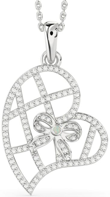 Diamond Opal Silver Heart Bow Necklace
