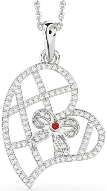 Diamond Ruby Silver Heart Bow Necklace