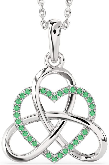 Emerald Silver Heart Trinity Knot Necklace