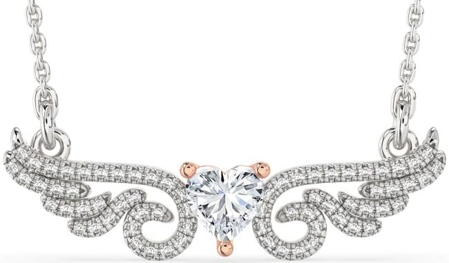 Large Diamond White Rose Gold Heart Wings Necklace