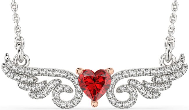 Large Diamond Ruby Platinum & Rose Gold Heart Wings Necklace