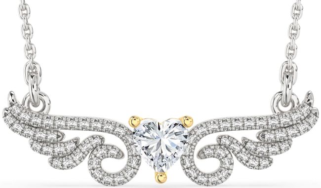 Large Diamond Platinum & Yellow Gold Heart Wings Necklace
