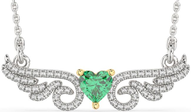 Large Diamond Emerald Gold Silver Heart Wings Necklace