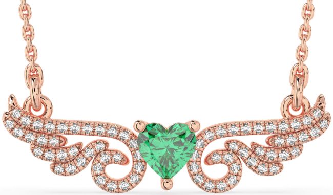 Large Diamond Emerald Rose Gold Heart Wings Necklace