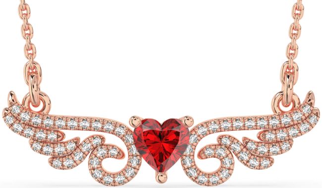 Large Diamond Ruby Rose Gold Heart Wings Necklace