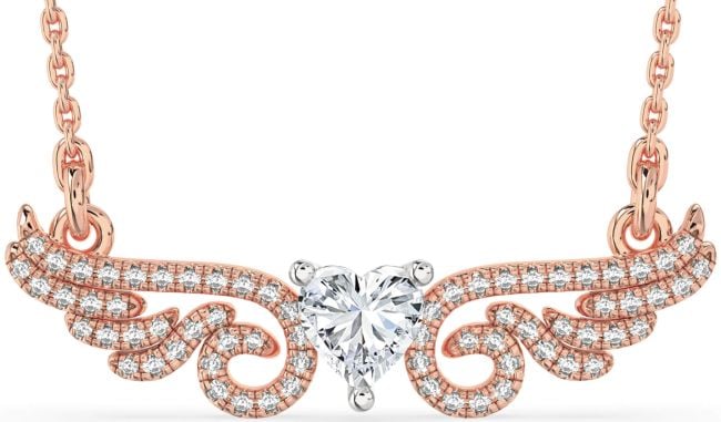 Large Diamond White Rose Gold Heart Wings Necklace