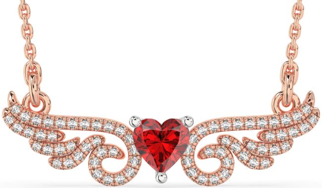 Large Diamond Ruby Rose Gold Silver Heart Wings Necklace