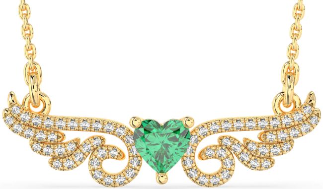 Large Diamond Emerald Gold Heart Wings Necklace