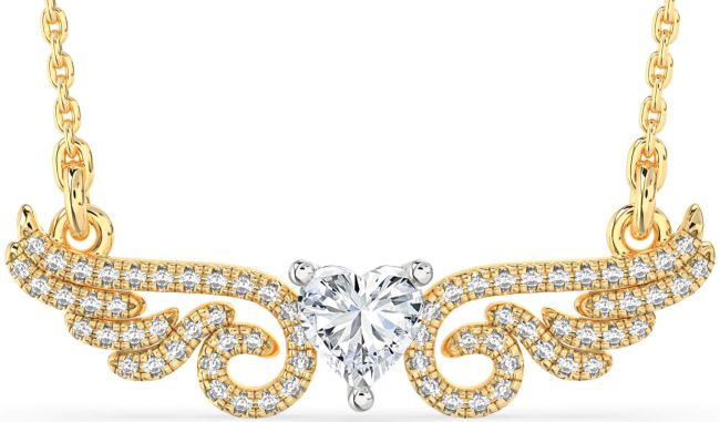 Large Diamond Platinum & Yellow Gold Heart Wings Necklace