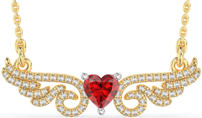 Large Diamond Ruby Gold Silver Heart Wings Necklace