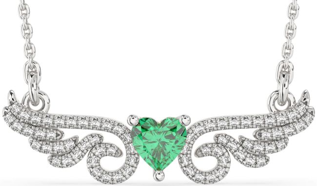 Large Diamond Emerald Silver Heart Wings Necklace