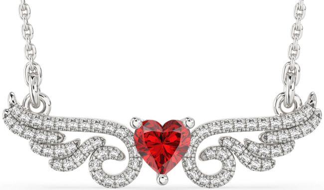 Large Diamond Ruby Silver Heart Wings Necklace