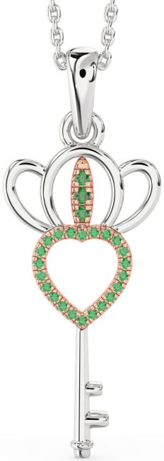 Large Emerald Rose Gold Silver Heart Crown Necklace