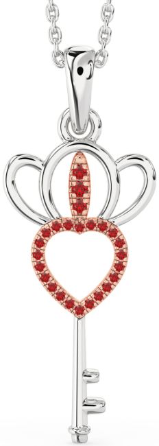 Large Ruby Rose Gold Silver Heart Crown Necklace