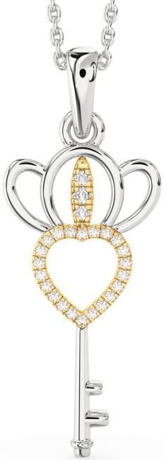 Large Diamond Silver & 10K gold Heart Crown Necklace