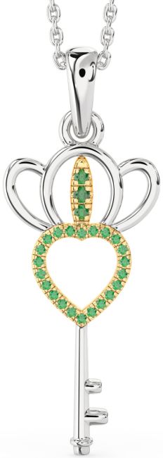 Large Emerald Gold Silver Heart Crown Necklace