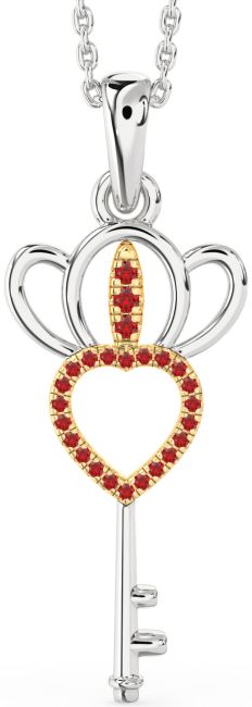 Large Ruby Gold Silver Heart Crown Necklace