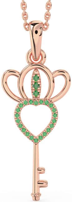Large Emerald Rose Gold Heart Crown Necklace
