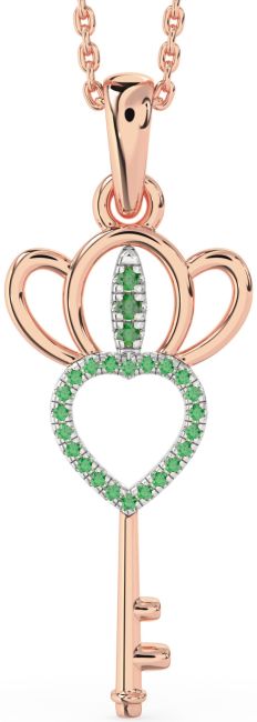 Large Emerald Rose Gold Silver Heart Crown Necklace