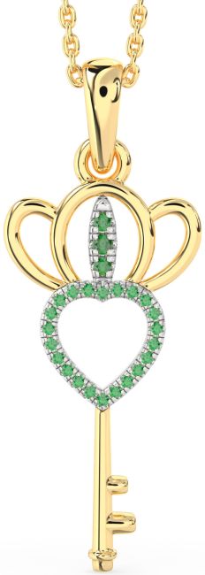 Large Emerald Gold Silver Heart Crown Necklace