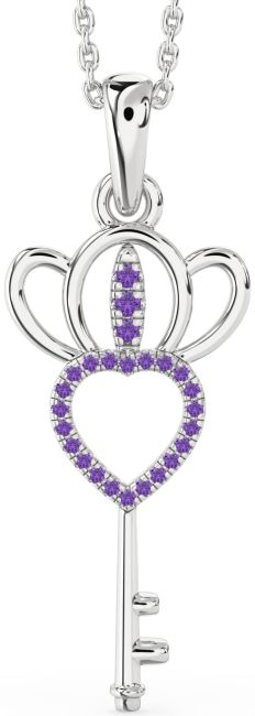 Large Amethyst Silver Heart Crown Necklace