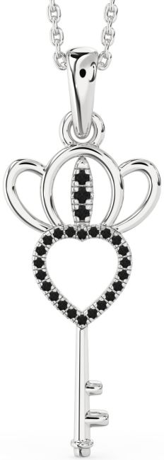 Large Black Diamond Silver Heart Crown Necklace