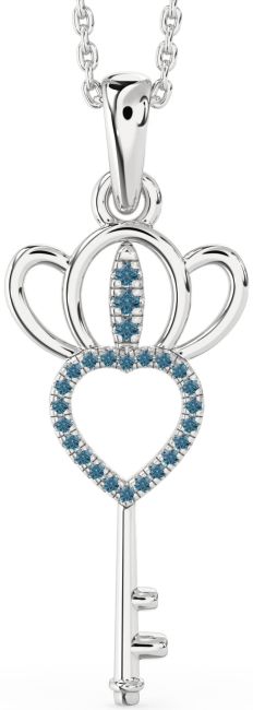 Large Blue Diamond Silver Heart Crown Necklace