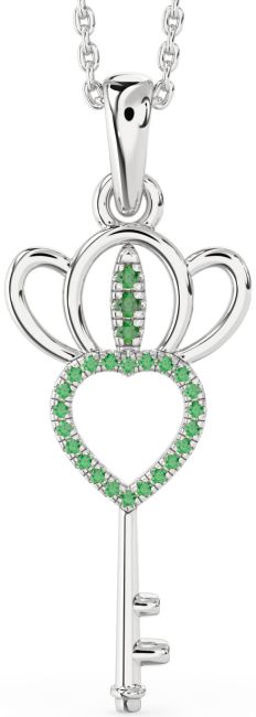 Large Emerald Silver Heart Crown Necklace