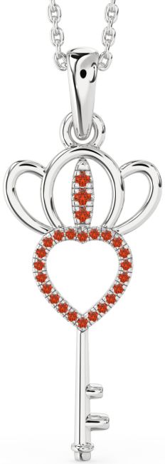 Large Fire Opal Silver Heart Crown Necklace