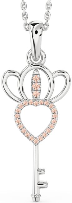Large Morganite Silver Heart Crown Necklace