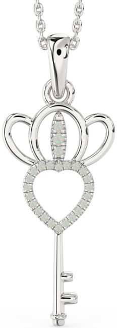 Large Opal Silver Heart Crown Necklace