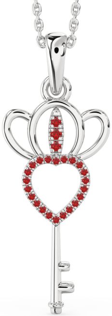 Large Ruby Silver Heart Crown Necklace
