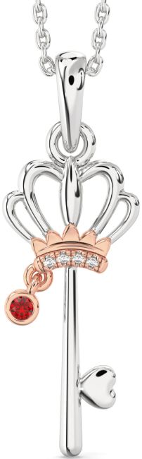 Diamond Ruby Rose Gold Silver Heart Crown Necklace